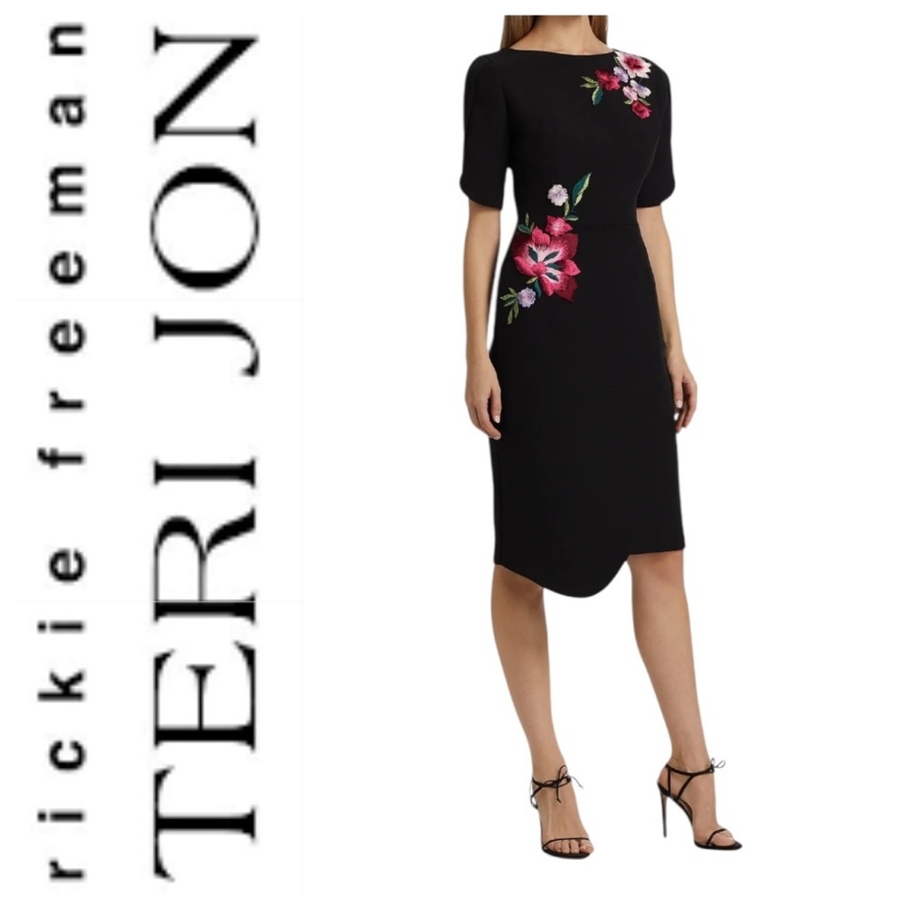 Teri Jon Floral Embroidered Crepe Boatneck Midi-Dress Size 12 $610 NWT